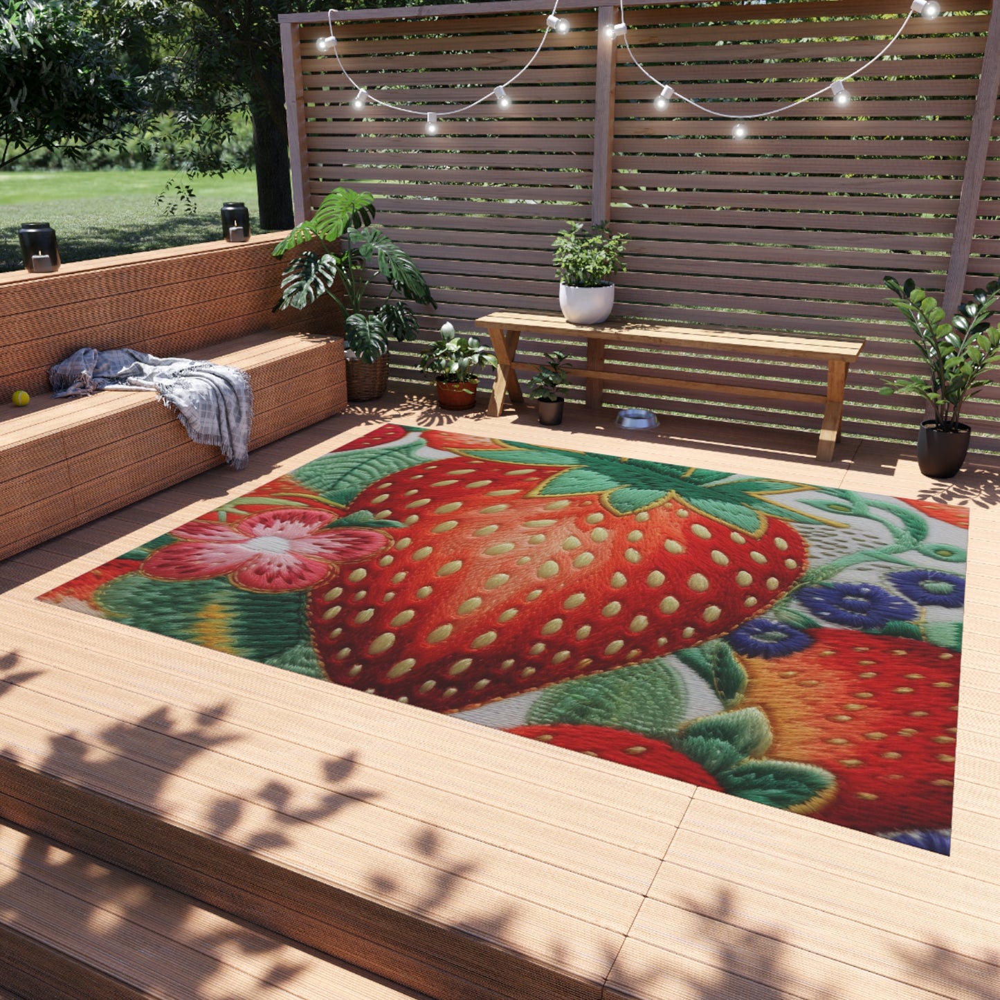 Berry Delight: Sun-Kissed Strawberries Fields Meet Embroidered Style Strawberry Patterns - Outdoor Rug