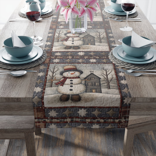 Christmas Cottagecore Snowman & Snowy House - Nostalgic Decor - Grandmillennial Festive Charm - Table Runner (Cotton, Poly)