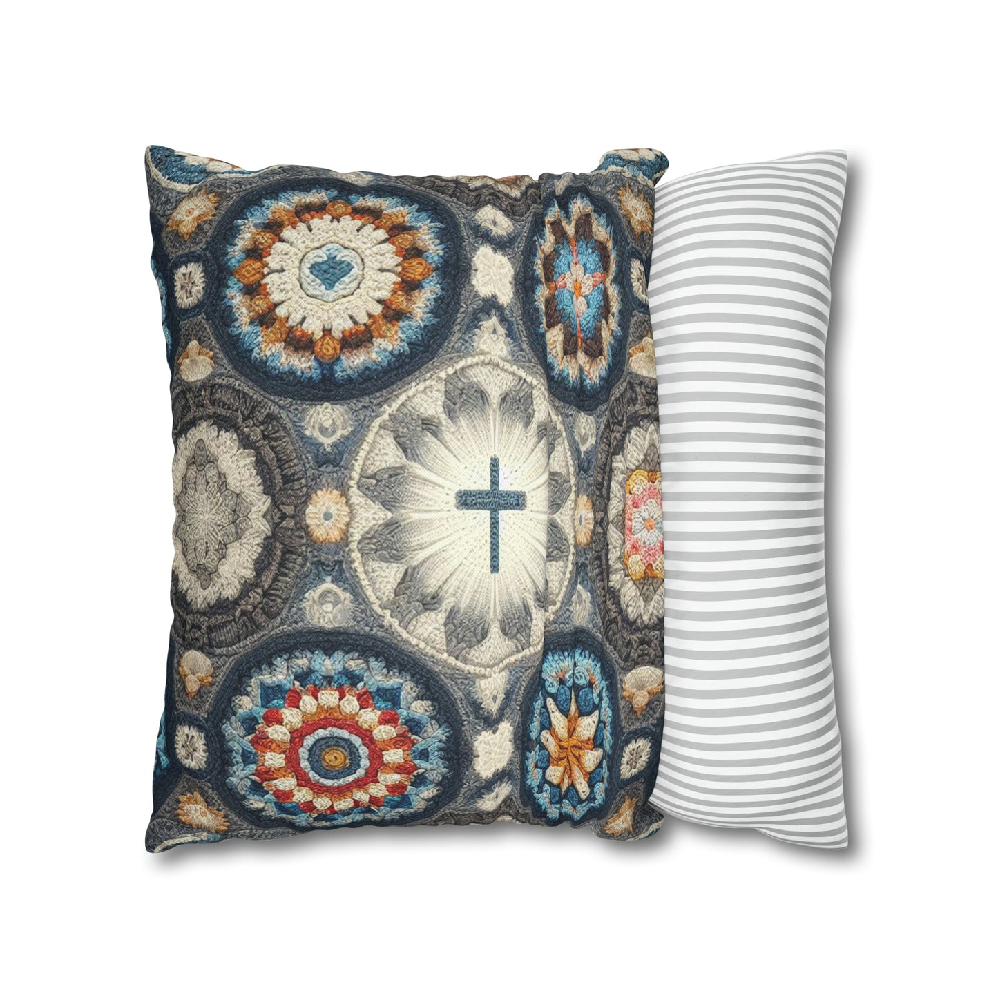 Bohemian Crochet Mandala with Centered Christian Cross - Earthy Tones Mosaic - Spun Polyester Square Pillow Case