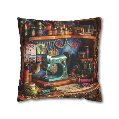 Seamstress Dream: Enchanted Sewing Nook Tapestry, Artisan Craft Room - Spun Polyester Square Pillowcase