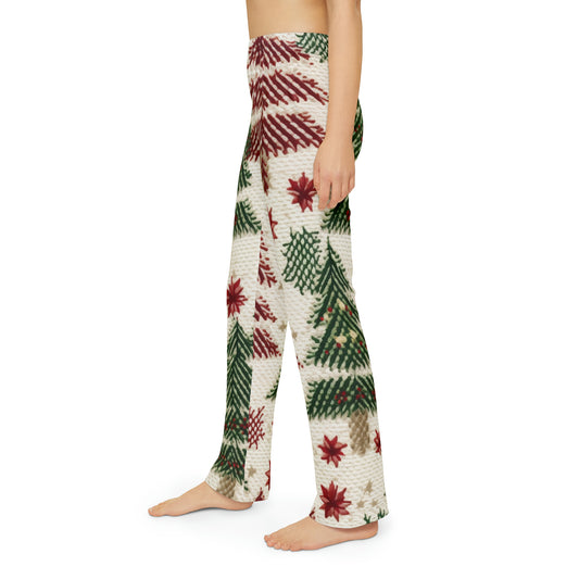 Embroidered Christmas Winter, Festive Holiday Stitching, Classic Seasonal Design - Kids Pajama Pants (AOP)