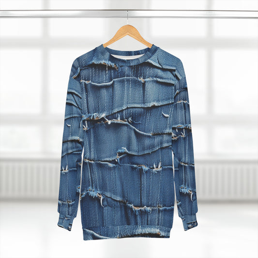 Midnight Blue Distressed Denim: Rugged, Torn & Stylish Design - Unisex Sweatshirt (AOP)