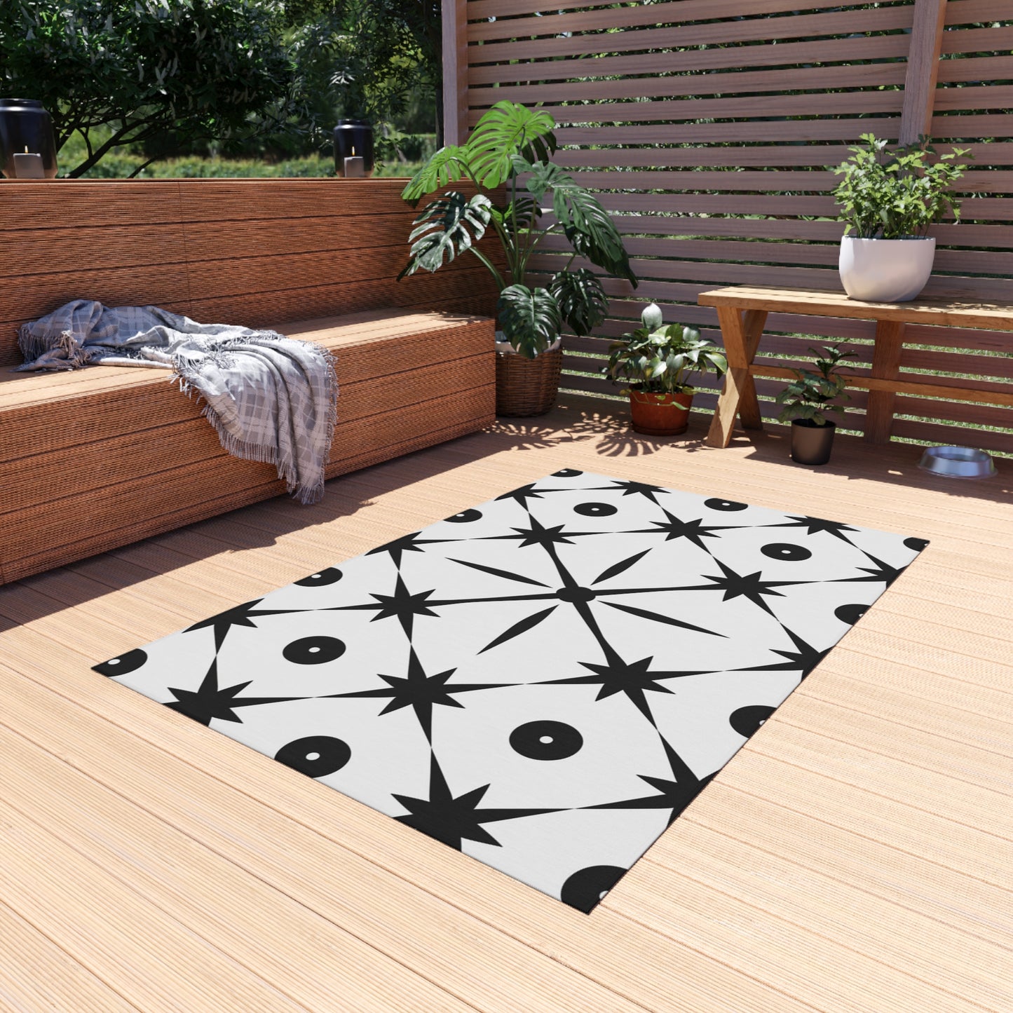 Mid Century Modern Asterisk Design - White & Black Atomic Starburst - Outdoor Rug