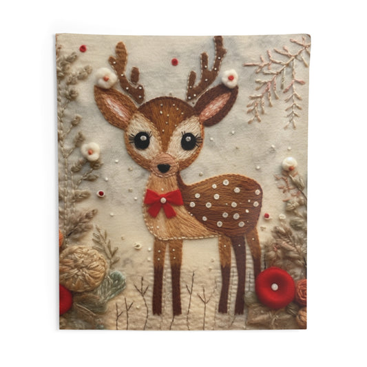 Winter Deer - Style Embroidered Christmas Reindeer, Festive Felt Artwork, Holiday Decor - Indoor Wall Tapestries