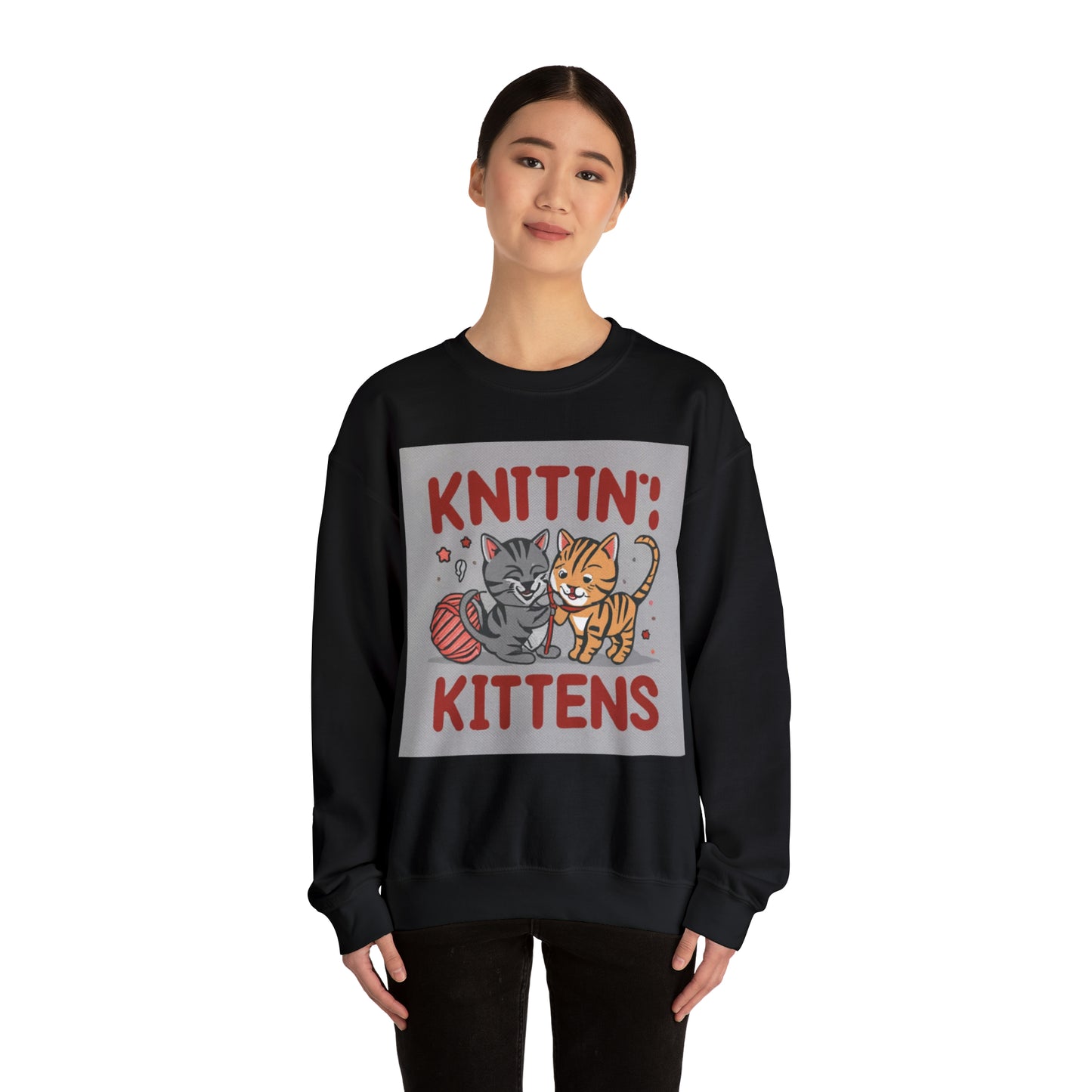 Knittin &amp; Kittens: Fusión de tejido de hilo y gato retro - Sudadera unisex con cuello redondo Heavy Blend™ 