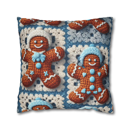 Winter Cheer: Charming Crocheted Gingerbread Christmas Friends Adorned with Snowy Hats and Sweet Smiles - Spun Polyester Square Pillow Case