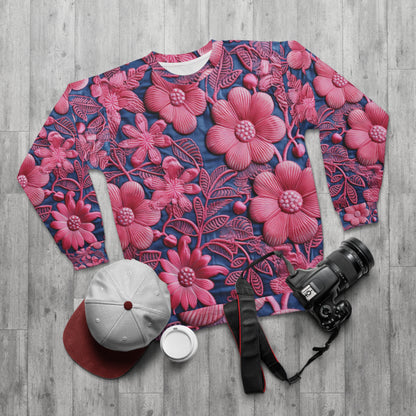 Denim Blue Doll Pink Floral Embroidery Style Fabric Flowers - Unisex Sweatshirt (AOP)