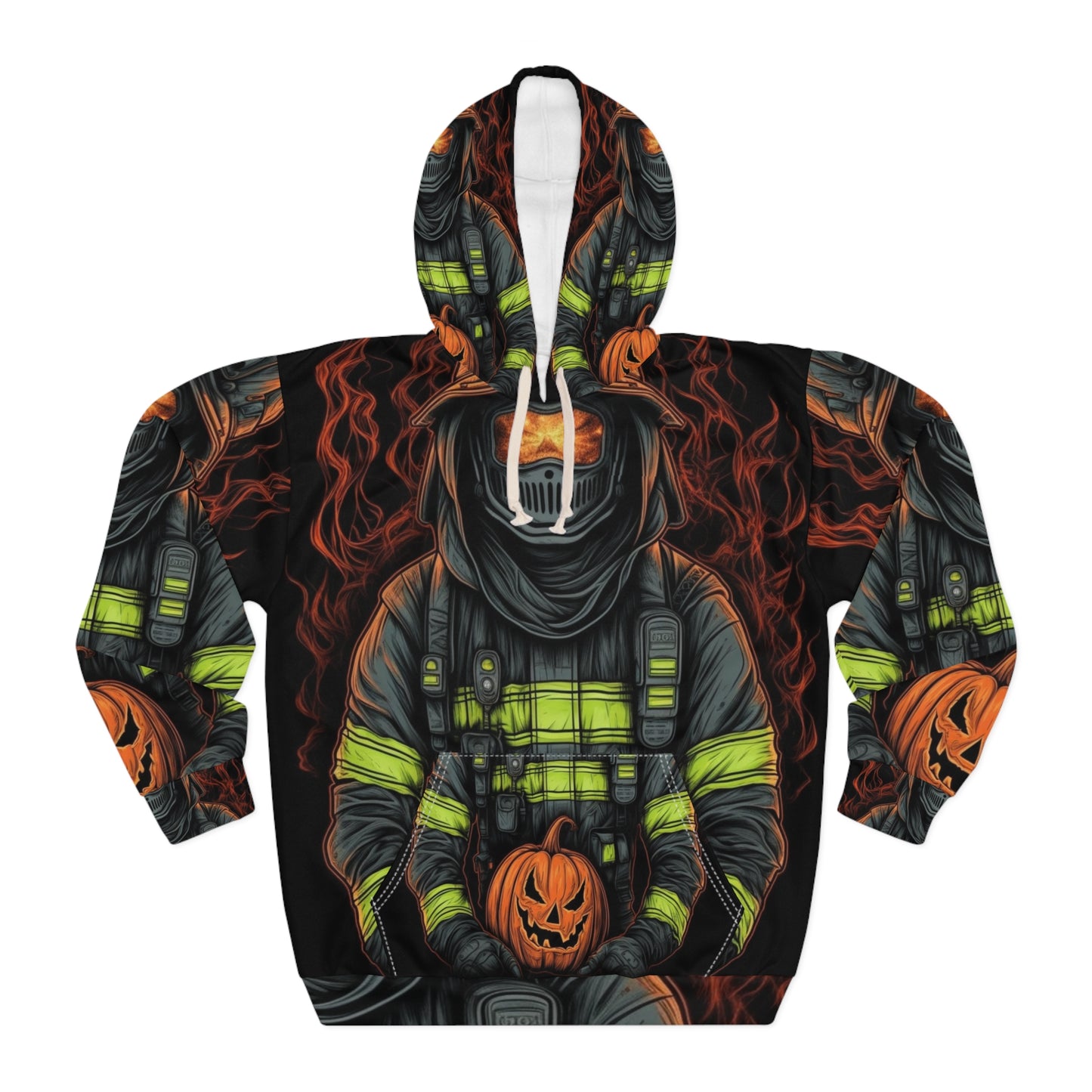 Firefighter Spooky Alert: Facing Haunted Halloween Spirits Scary Fire Pumpkin - Unisex Pullover Hoodie (AOP)