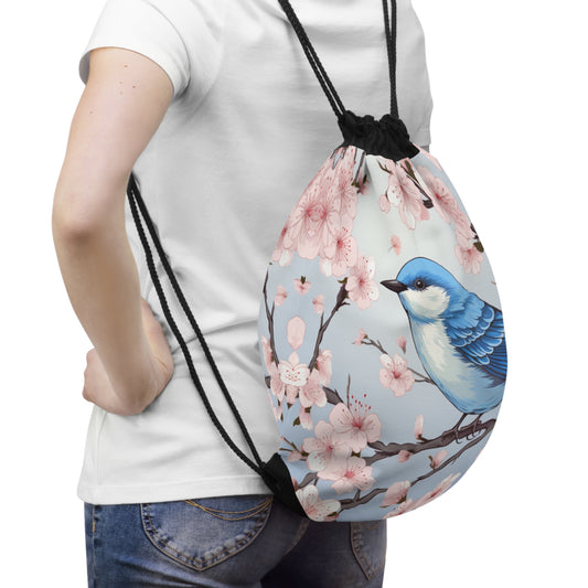 Cherry Blossom Tree Blue Bird Drawstring Bag