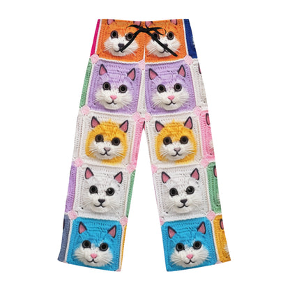 Gato de ganchillo, algodón de verano, felino, cárdigan de gato retro, creación de algodón de ganchillo gatito - pantalones de pijama de mujer (AOP) 