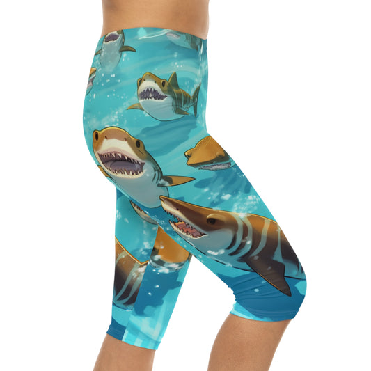 Tiger Shark: Ocean Marine Wildlife - Underwater - Women’s Capri Leggings (AOP)