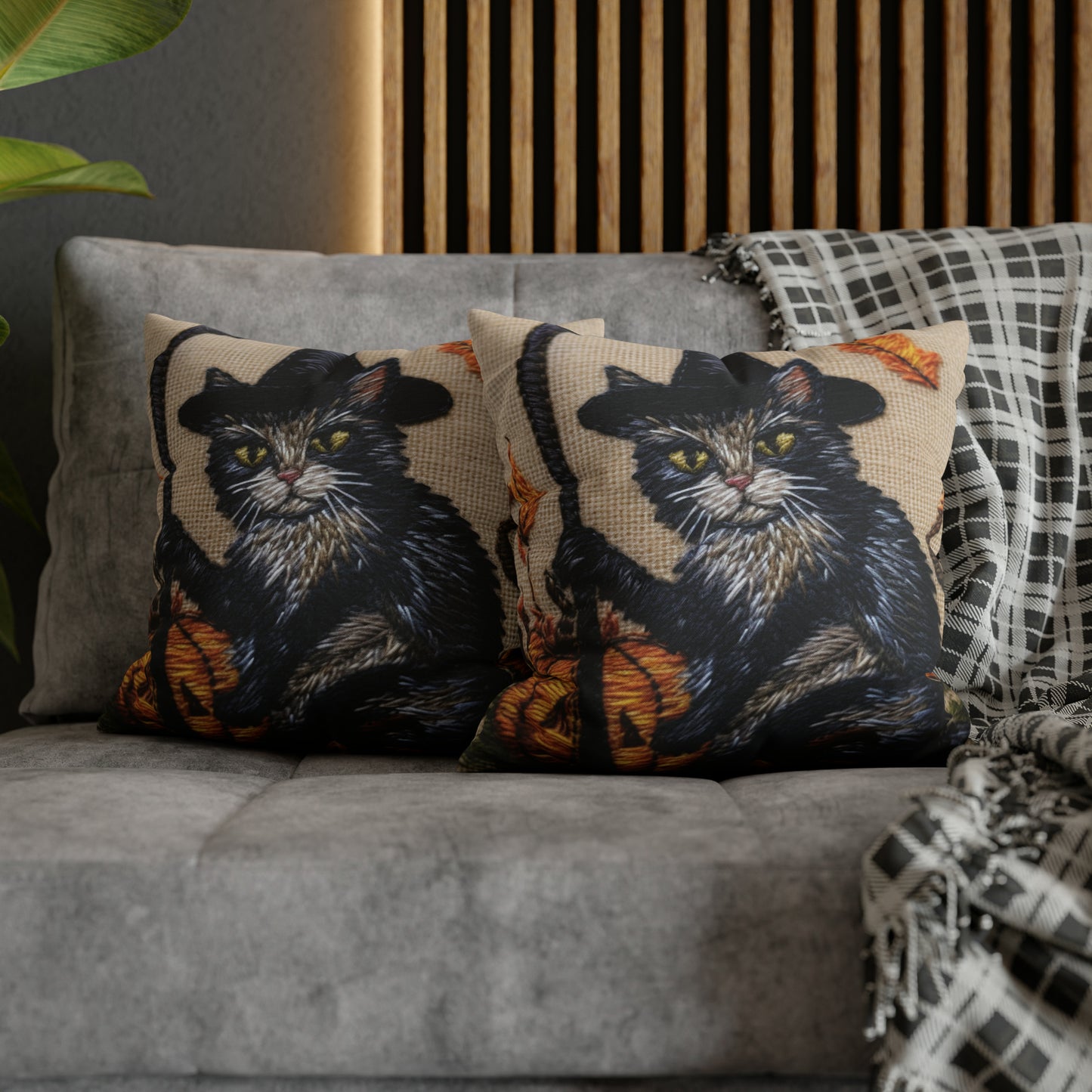 Halloween Cat Magic: Embroidered Style Feline with Pumpkins & Witch Hat - Spun Polyester Square Pillow Case