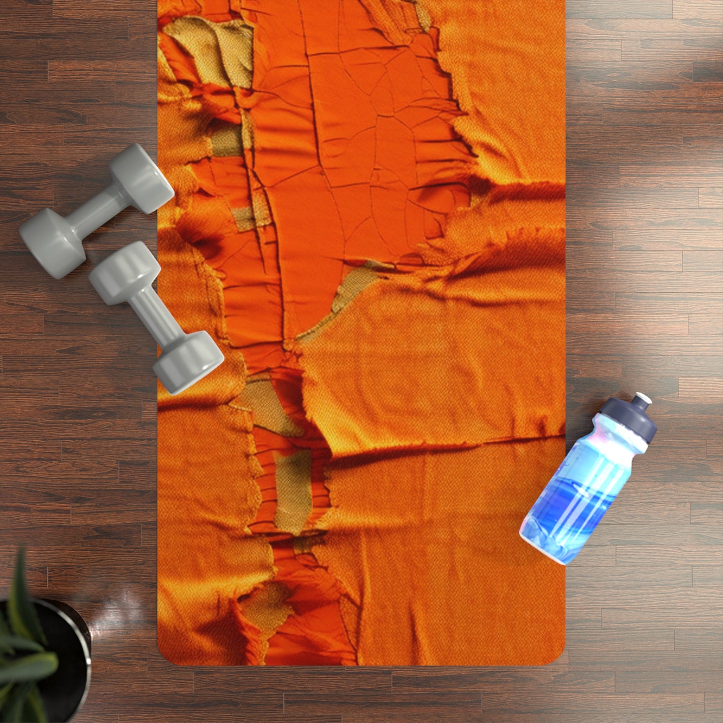 Fiery Citrus Orange: Edgy Distressed, Denim-Inspired Fabric - Rubber Yoga Mat