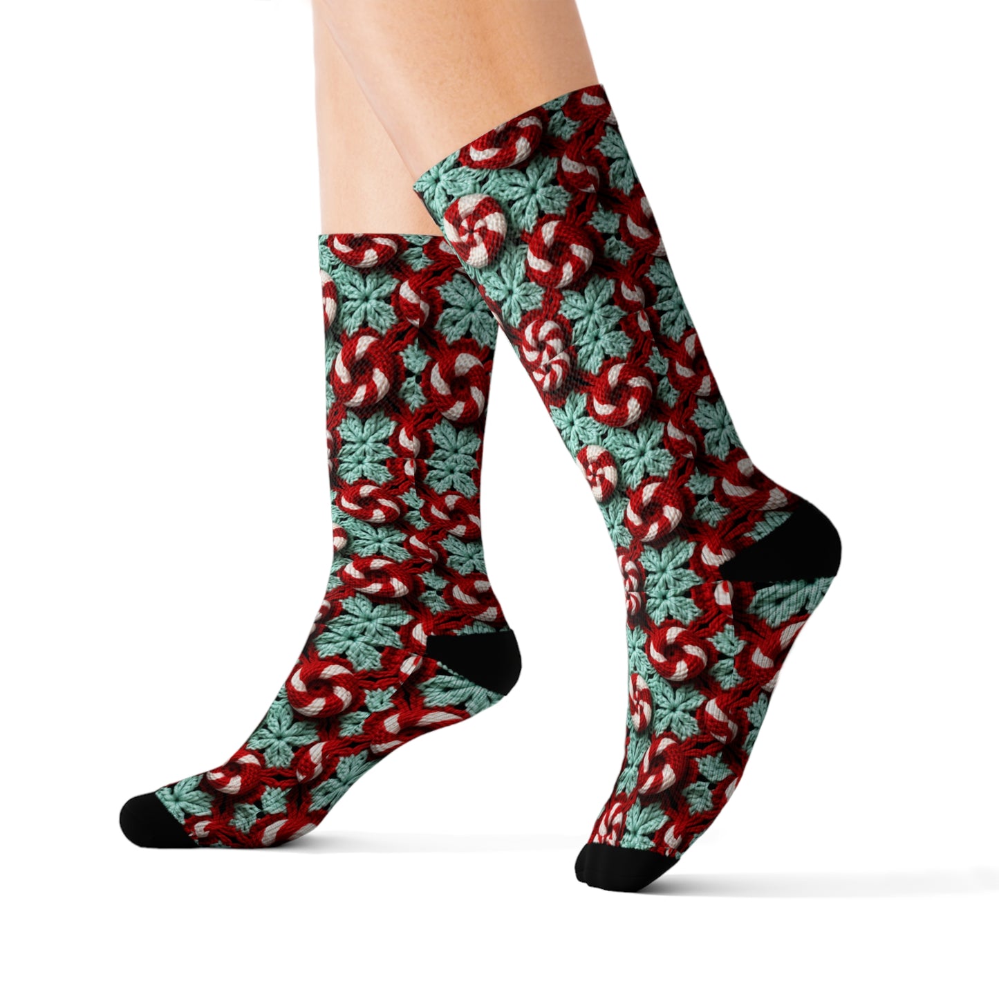 Christmas Crochet Candy Cane - Pepper Red Crystal White Holiday Pattern - Sublimation Socks