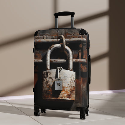 Iron Padlock on Rustic Metal Gate, Lock, Suitcase