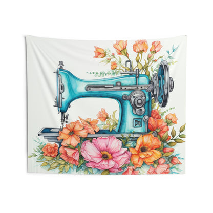 Aqua Blue Sewing Machine and Floral Watercolor Illustration, Artistic Craft - Indoor Wall Tapestries