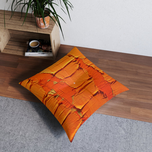 Fiery Citrus Orange: Edgy Distressed, Denim-Inspired Fabric - Tufted Floor Pillow, Square