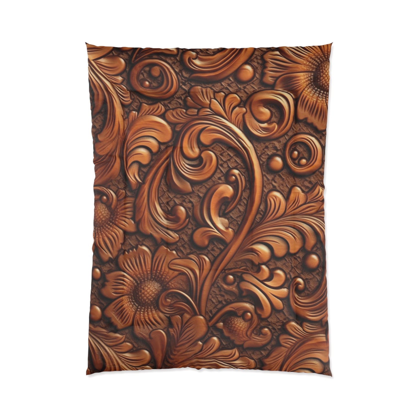 Leather Flower Cognac Classic Brown Timeless American Cowboy Design - Bed Comforter