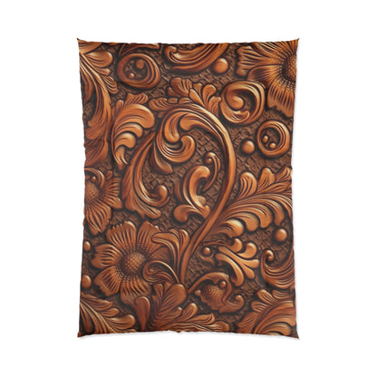 Leather Flower Cognac Classic Brown Timeless American Cowboy Design - Bed Comforter