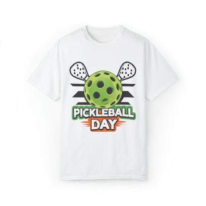 Dynamic Pickleball Day Design with Crossed Paddles and Ball Graphic - Unisex Garment-Dyed T-shirt