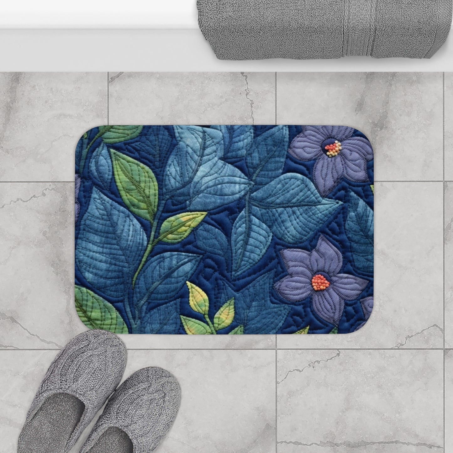 Floral Embroidery Blue: Denim-Inspired, Artisan-Crafted Flower Design - Bath Mat