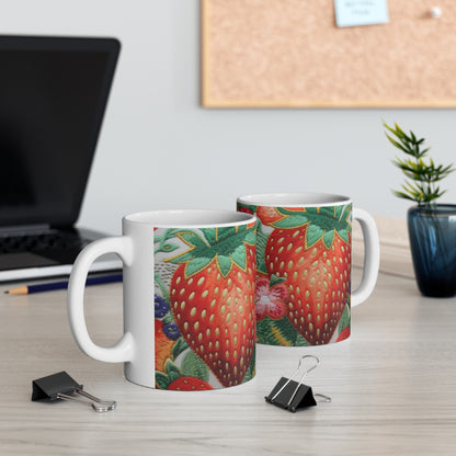 Berry Delight: Sun-Kissed Strawberries Fields Meet Embroidered Style Strawberry Patterns - Ceramic Mug 11oz