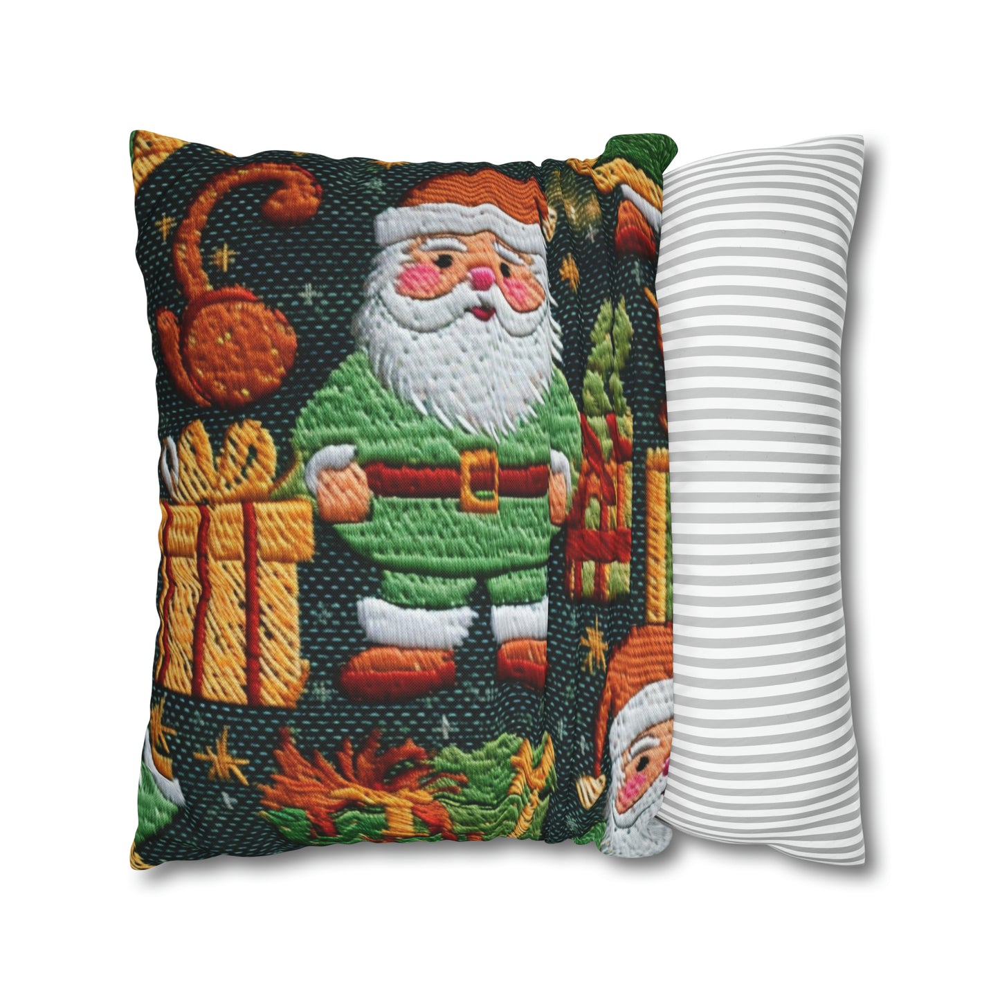 Papá Noel navideño - Regalos bordados - País de las maravillas invernal festivo - Diseño Deck the Halls - Funda de almohada cuadrada de poliéster hilado 