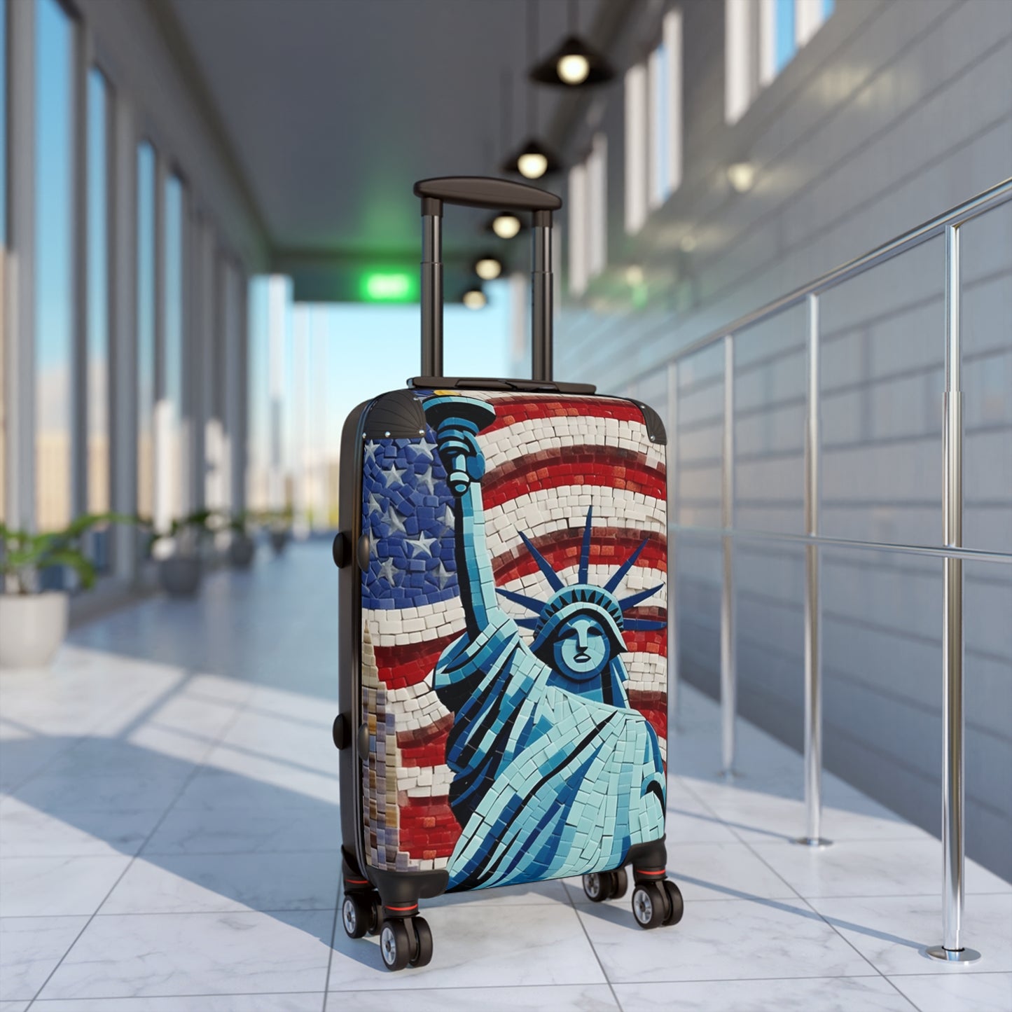 Patriotic Mosaic Artwork, Liberty Statue with Flag, Emblematic Freedom, Independence Day Mural, National Pride Abstract Tilework - Suitcase