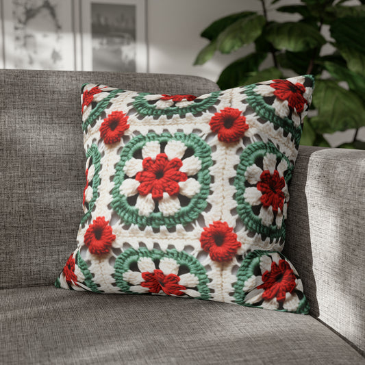 Christmas Granny Square Crochet, Cottagecore Winter Classic, Seasonal Holiday - Spun Polyester Square Pillow Case