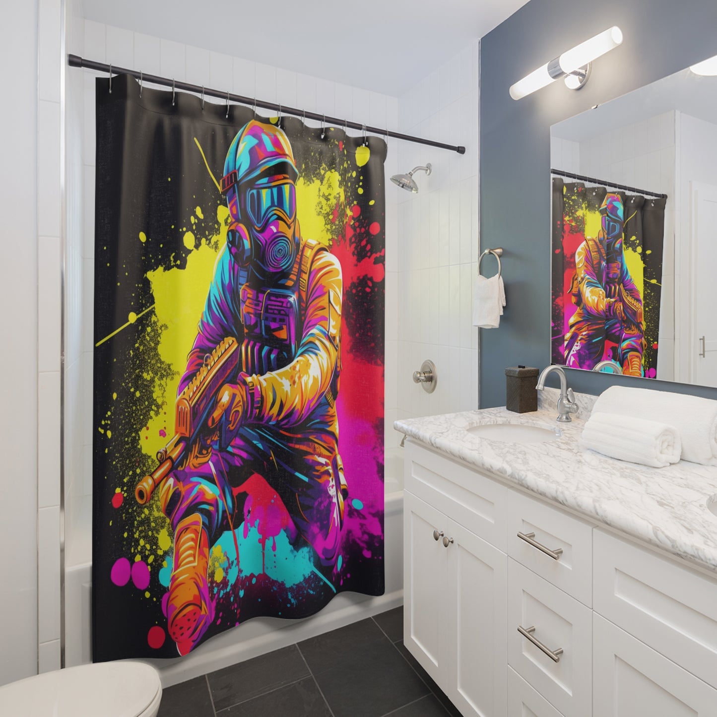 Paintball Action Sport: Player in Battle, Paint Splatter - Shower Curtains