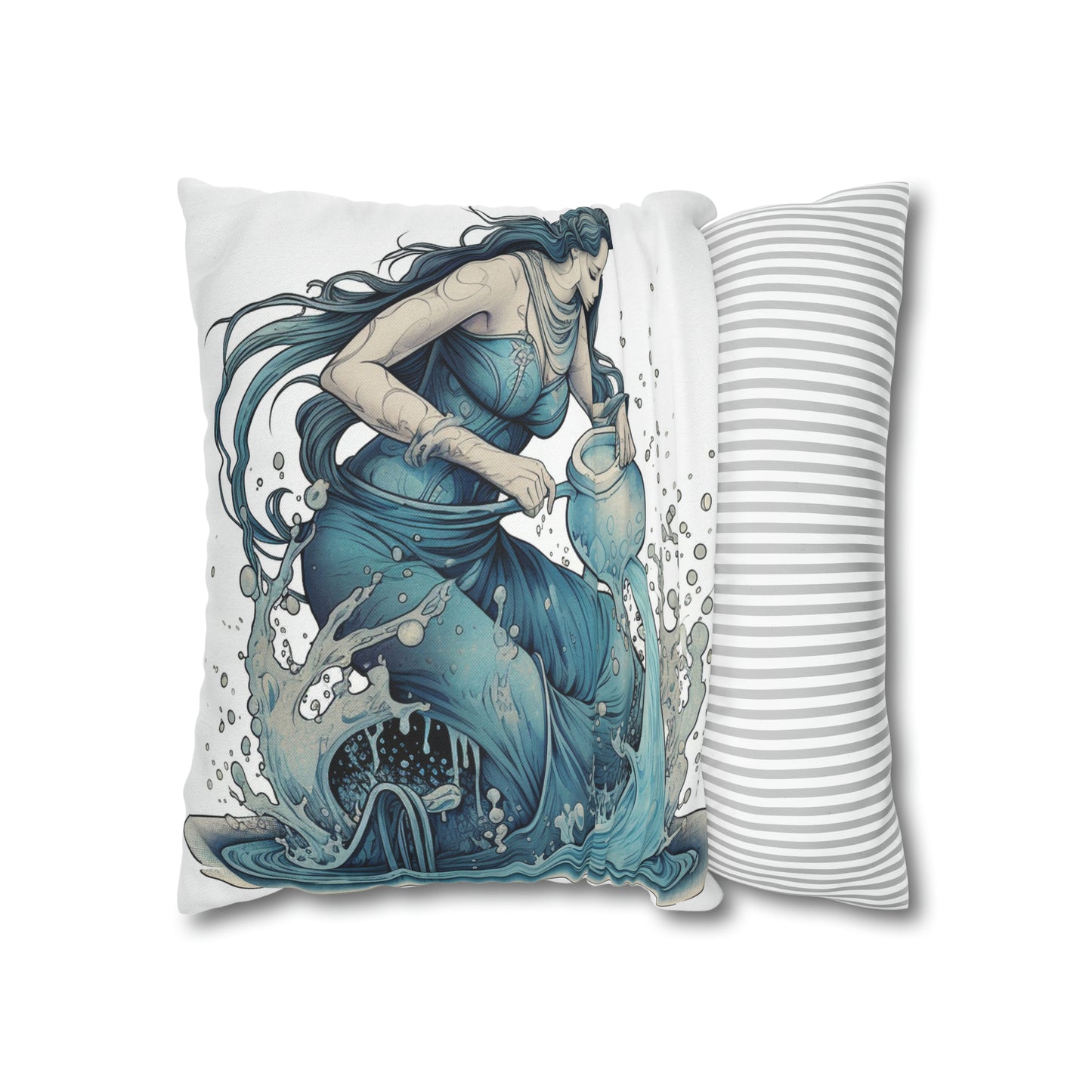 Aquarius Zodiac Symbol - Girl Pouring Water, Hand-Drawn Style - Spun Polyester Square Pillow Case