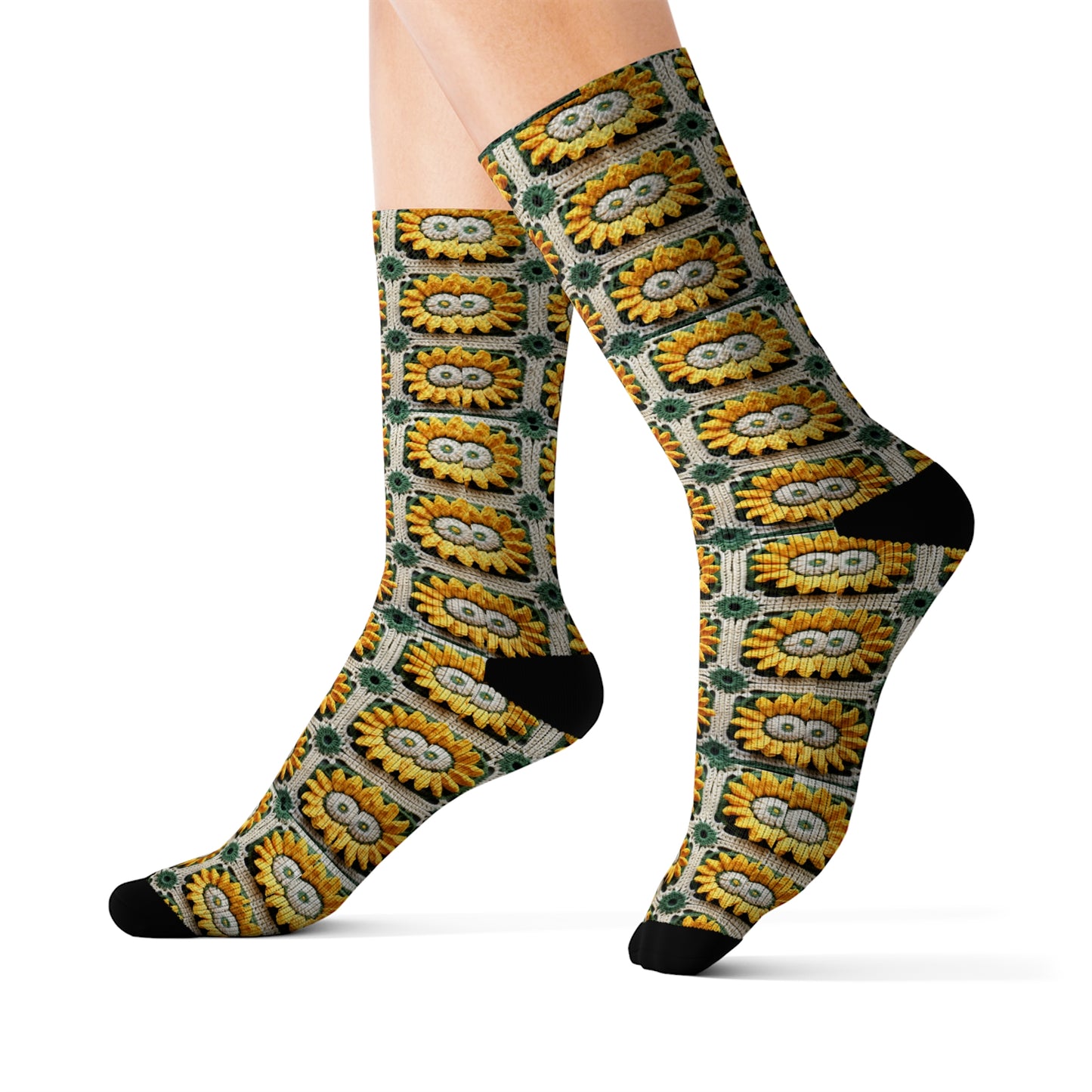 Sunflower Crochet Elegance, Granny Square Design, Radiant Floral Motif. Bring the Warmth of Sunflowers to Your Space - Sublimation Socks