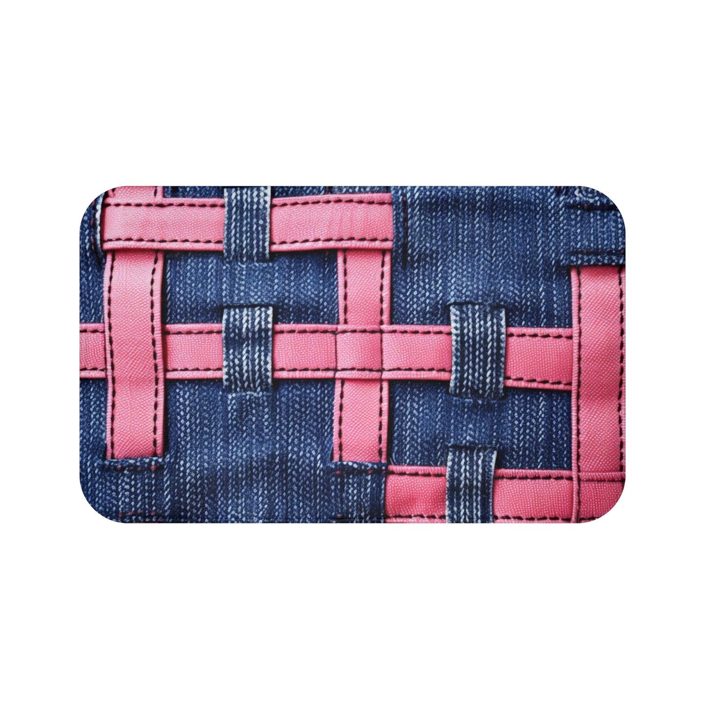 Candy-Striped Crossover: Pink Denim Ribbons Dancing on Blue Stage - Bath Mat