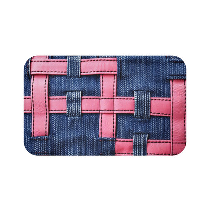 Candy-Striped Crossover: Pink Denim Ribbons Dancing on Blue Stage - Bath Mat