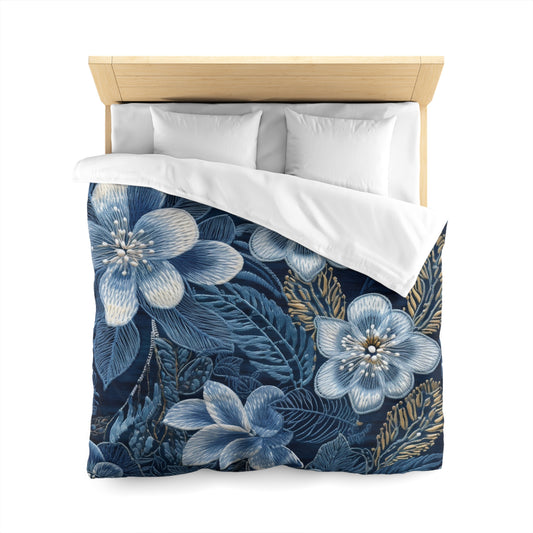 Flower Blossom Embroidery Floral on Denim Style - Microfiber Duvet Cover