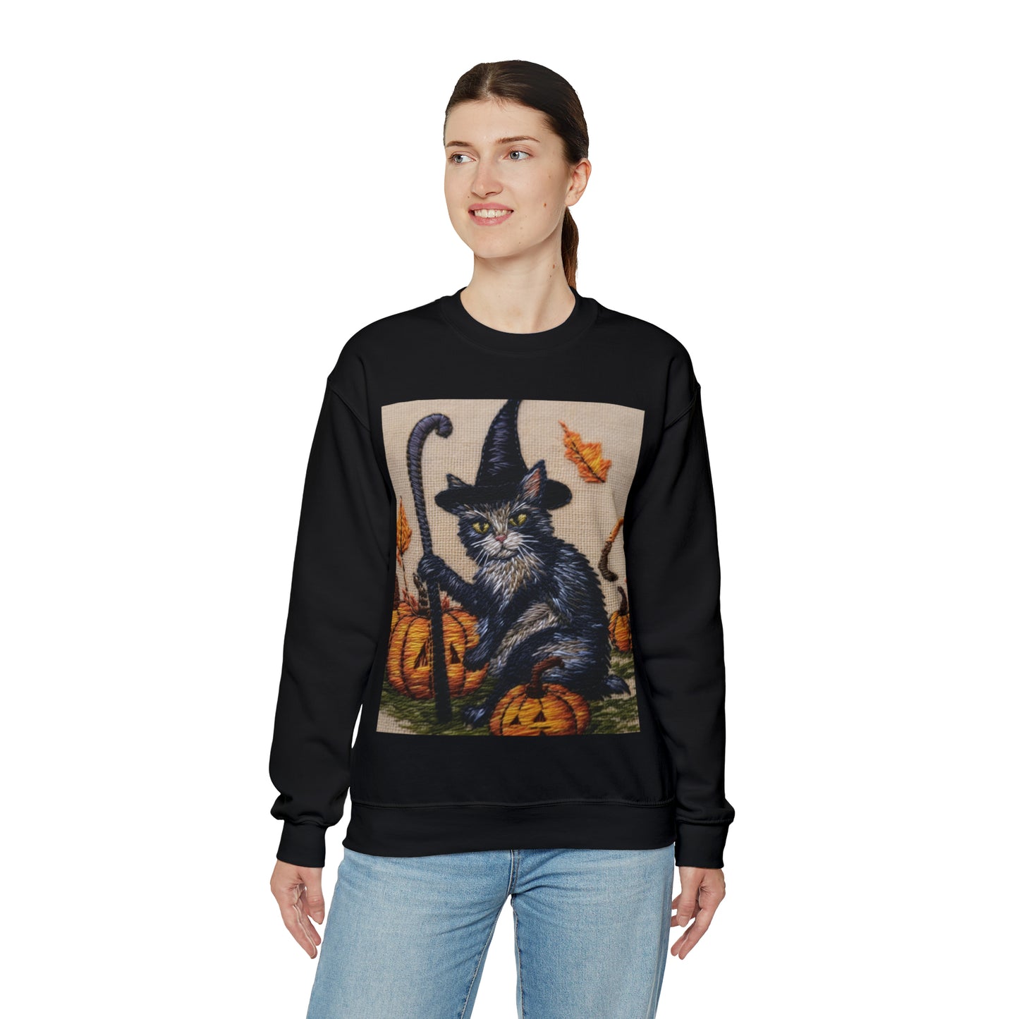 Halloween Cat Magic: Embroidered Style Feline with Pumpkins & Witch Hat - Unisex Heavy Blend™ Crewneck Sweatshirt