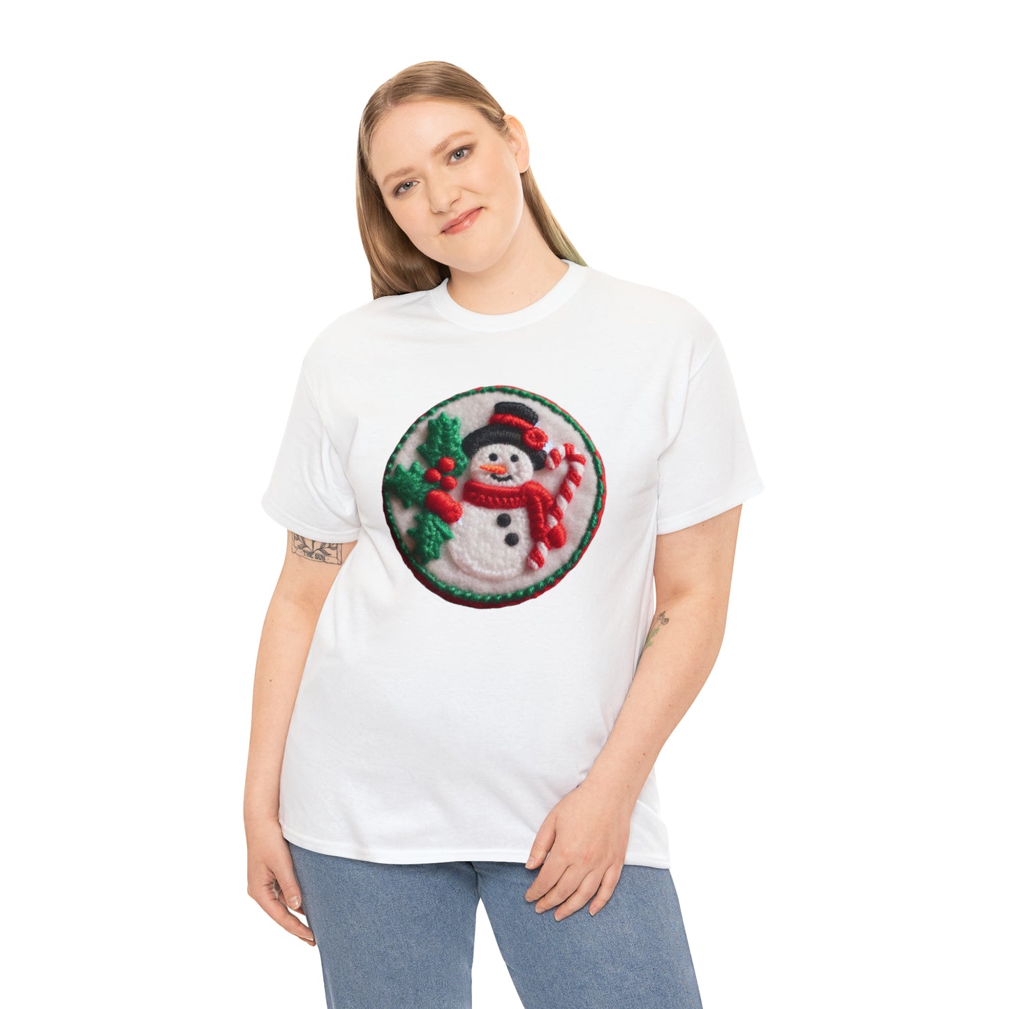 Festive Snowman Embroidered Patch: Christmas Chenille Holly & Candy Cane - Unisex Heavy Cotton Tee