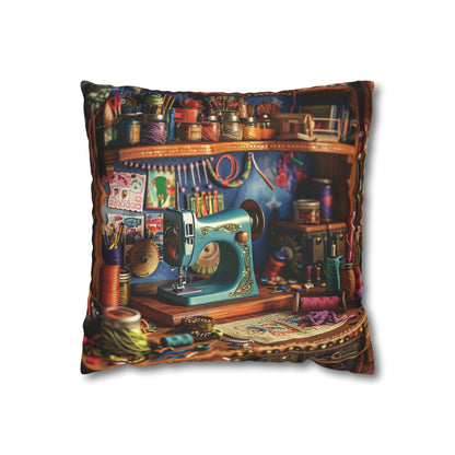 Seamstress Dream: Enchanted Sewing Nook Tapestry, Artisan Craft Room - Spun Polyester Square Pillowcase