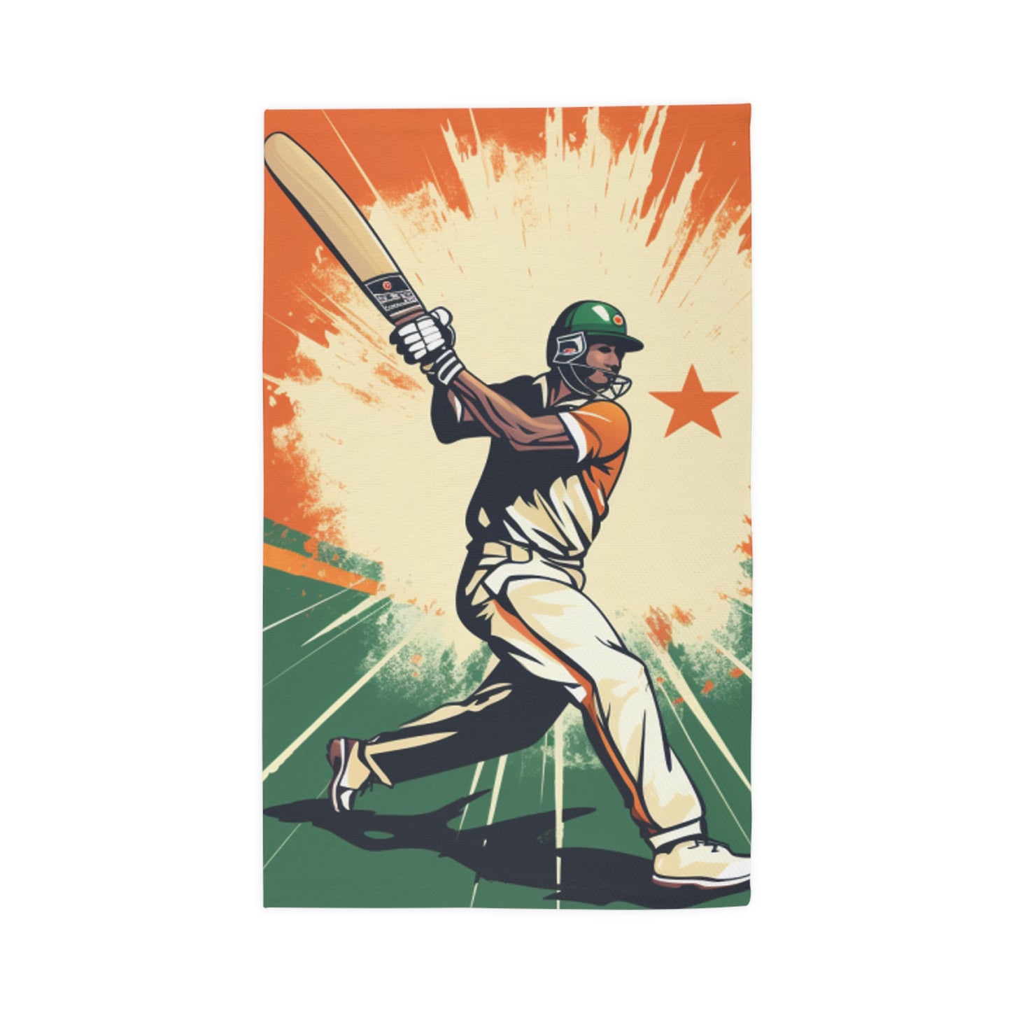 India Cricket Star: Batsman With Willow Bat, National Flag Style - Sport Game - Dobby Rug