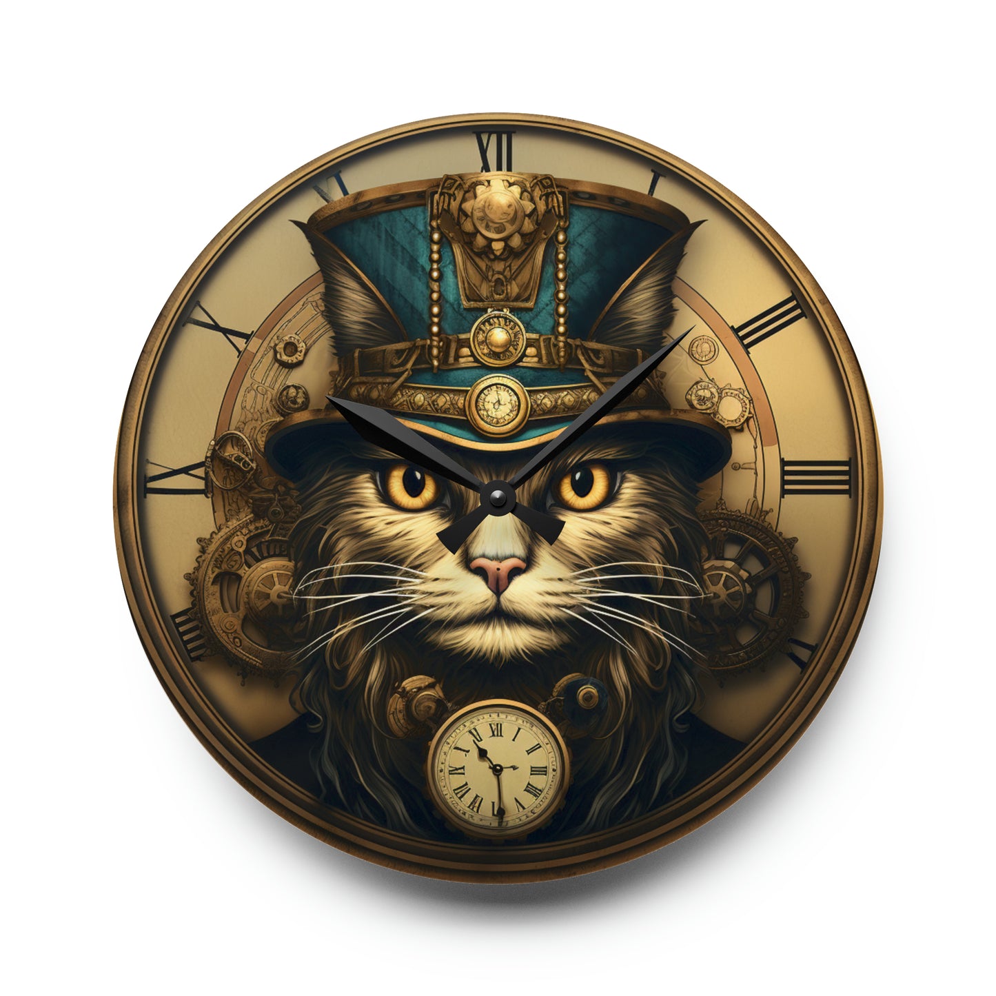 Diseño de reloj de gato Steampunk, reloj de pared acrílico 