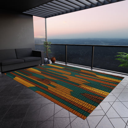 Teal & Dark Yellow Maya 1990's Style Textile Pattern - Intricate, Texture-Rich Art - Outdoor Rug