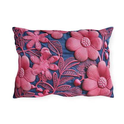 Denim Blue Doll Pink Floral Embroidery Style Fabric Flowers - Outdoor Pillows