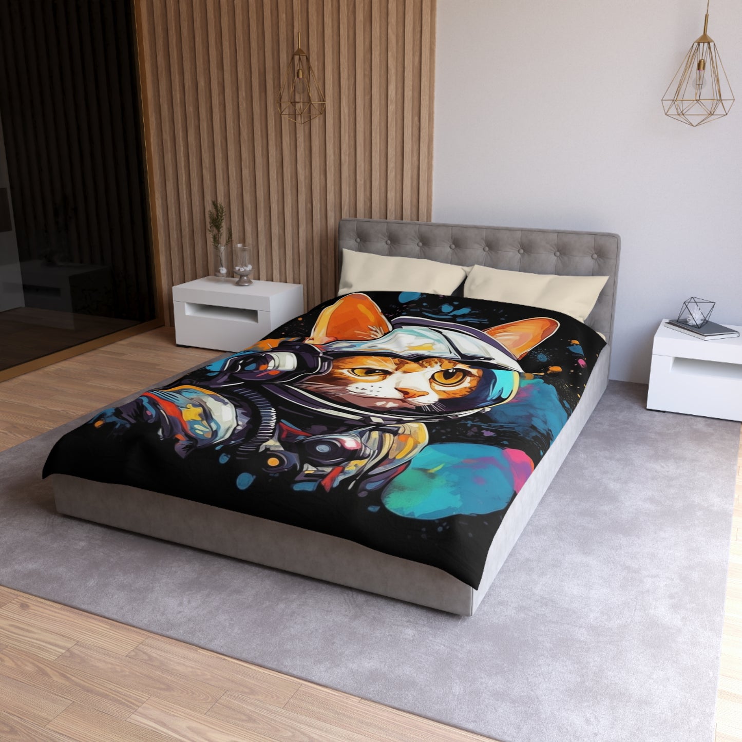 Astro Cat Adventure Feline - Pop Art, Floating in Cosmic Space - Microfiber Duvet Cover