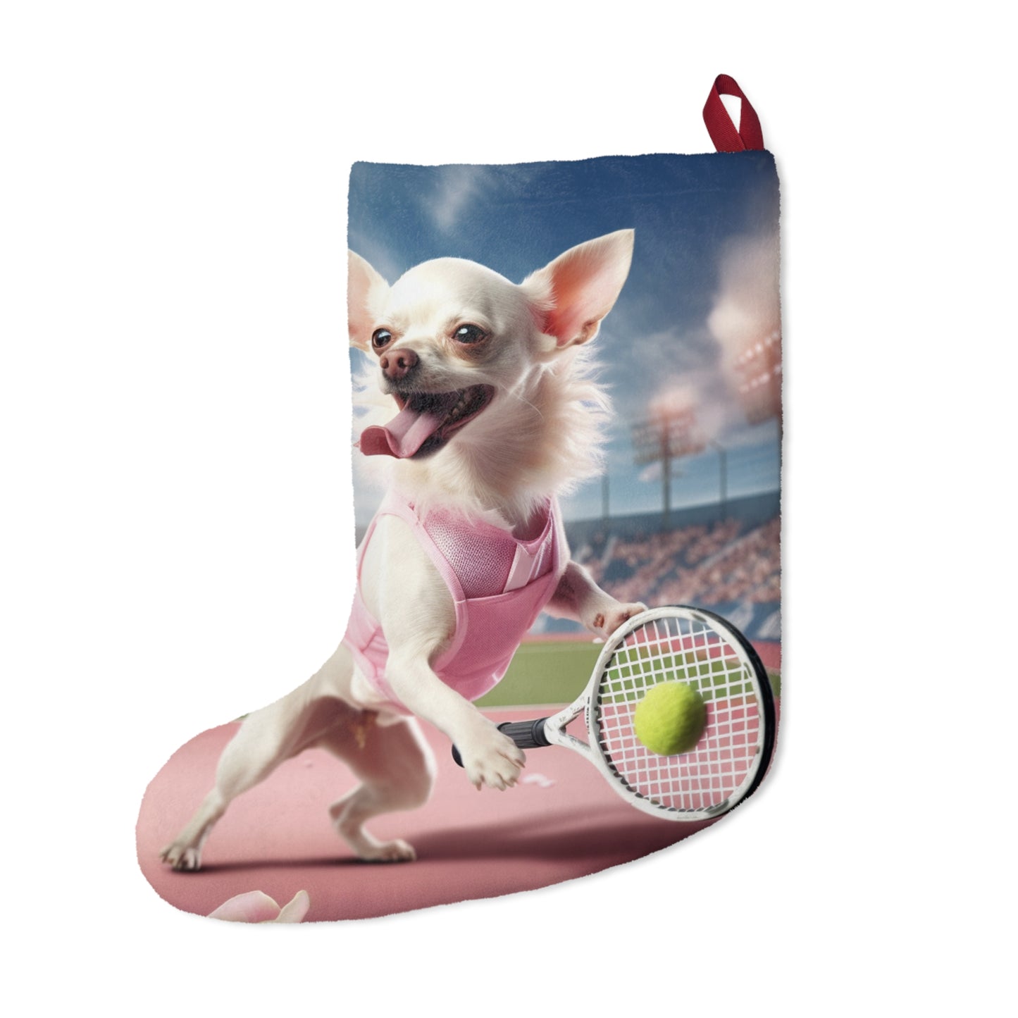 Chihuahua Tennis Ace: Traje rosa para perro, juego deportivo atlético en la cancha - Medias navideñas