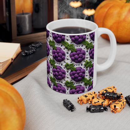 Crochet Grapes Pattern - Granny Square Design - Fresh Fruit Pick - Orchard Purple Snack Food - Ceramic Mug 11oz