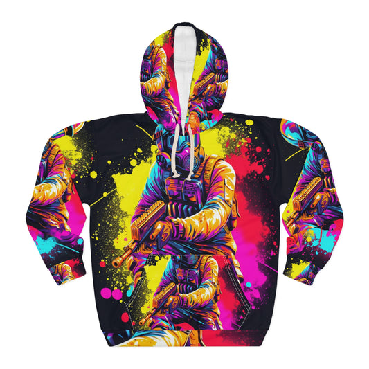 Paintball Action Sport: Player in Battle, Paint Splatter - Unisex Pullover Hoodie (AOP)