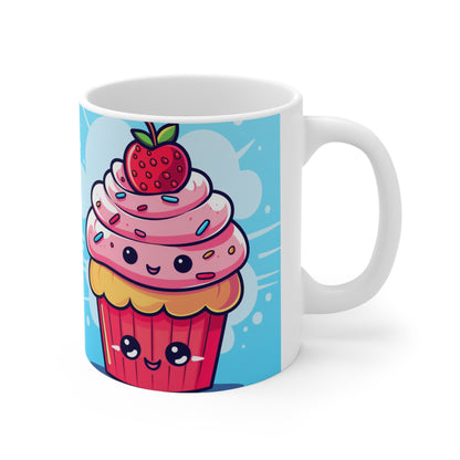 Strawberry Delight - Kawaii Cupcake Art - Sweet Anime Manga Dessert Charm - Ceramic Mug 11oz