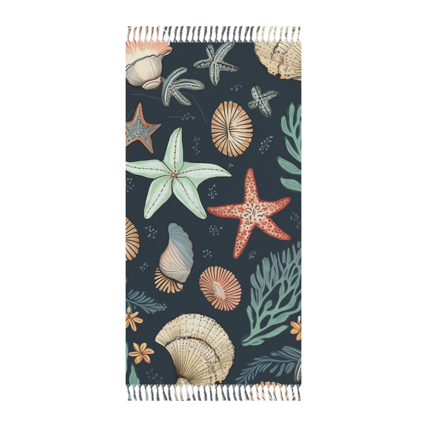 Tela de playa bohemia con estampado de inspiración marina y estrellas de mar