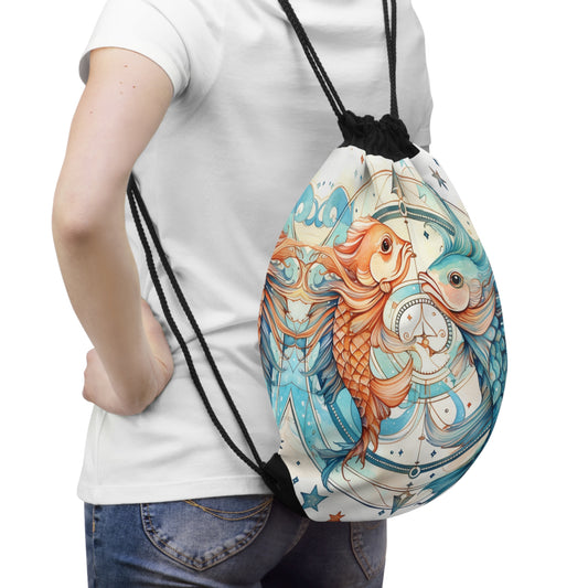 Pisces Zodiac Horoscope - Starry Watercolor & Ink, Hyper-Detailed Fish - Drawstring Bag