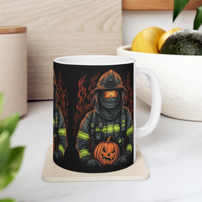 Firefighter Spooky Alert: Facing Haunted Halloween Spirits Scary Fire Pumpkin - Ceramic Mug 11oz